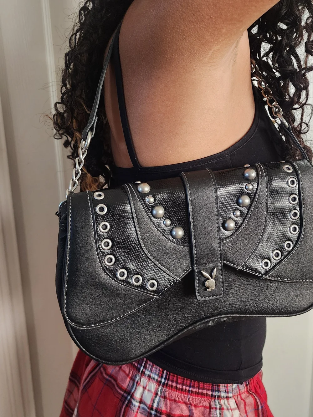 PLAYBOY Y2K Black Shoulder Grunge Bag w/ Silver Tone Grommets And Studs - Picture 2 of 11